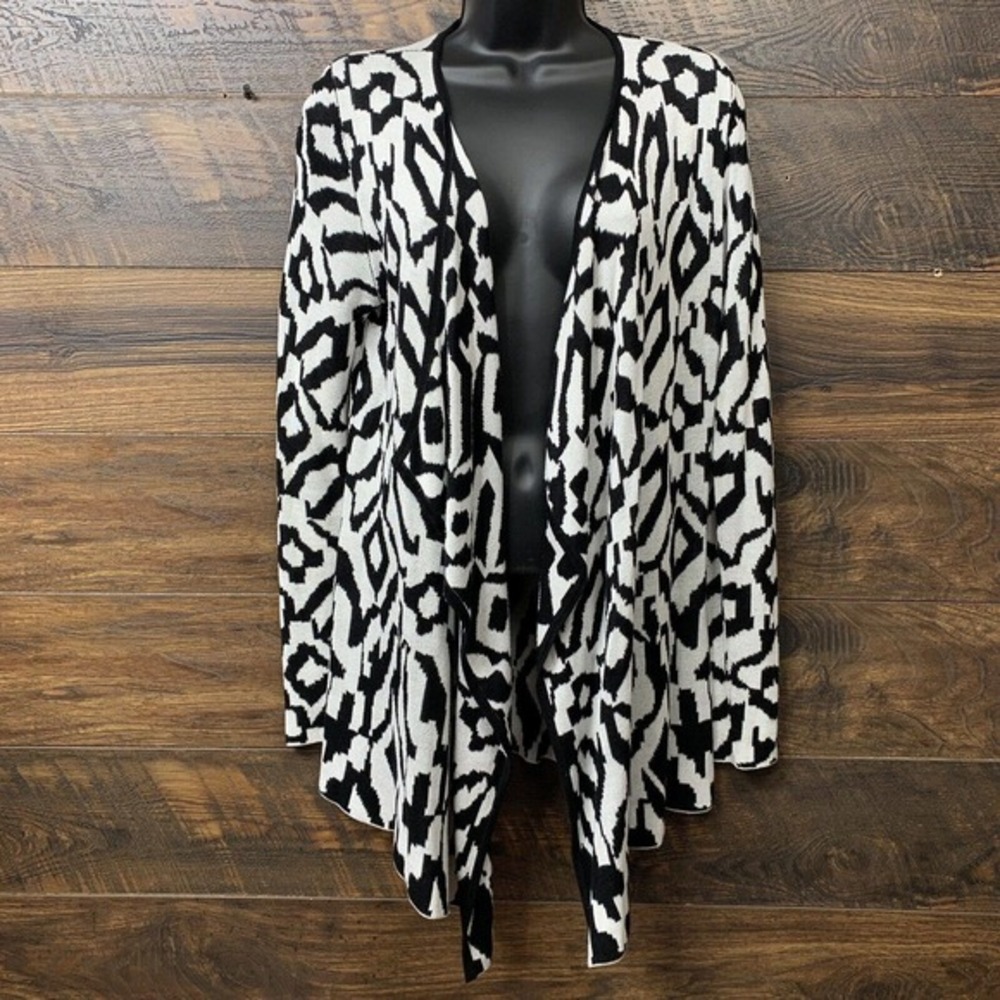 Fontana Duster Women's Cardigan Size Small White Black Long Sleeves Open‎ Front